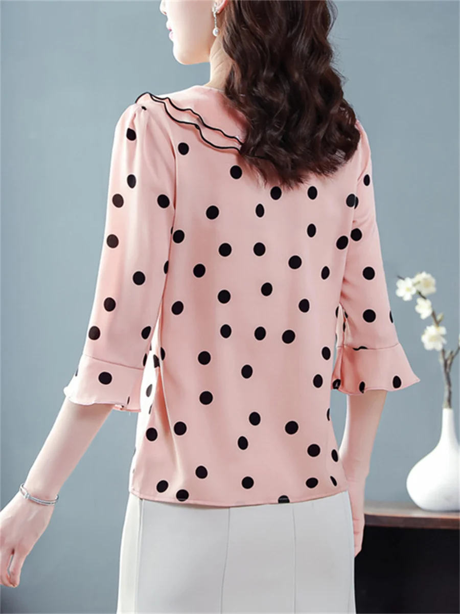 Women Spring Summer Blouses Shirts Lady Fashion Casual Half Sleeve Ruffles Collar Polka Dots Blusas Tops CT0216