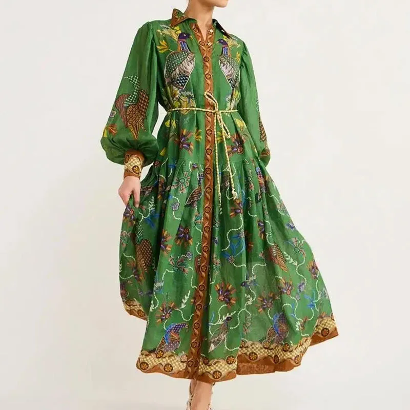 

2025 Vintage Lantern Sleeve Printed Long-Sleeve Pleated Dress - French Elegance, Sophisticated and Comfortable WD1033