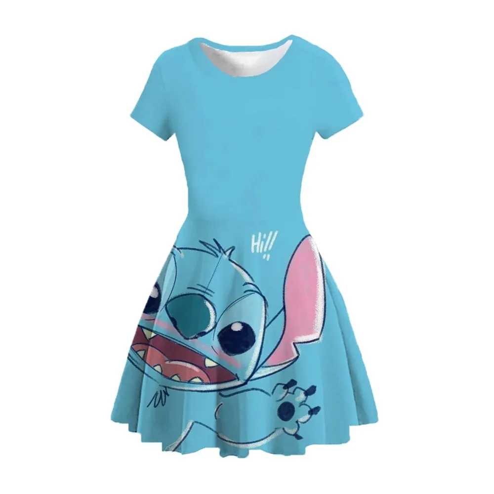 

2025 New Printed Dress Cartoon Starry Baby Stitch Girls' Skirt Casual Breathable Girls' Short Sleeve Dress Children's Clothing