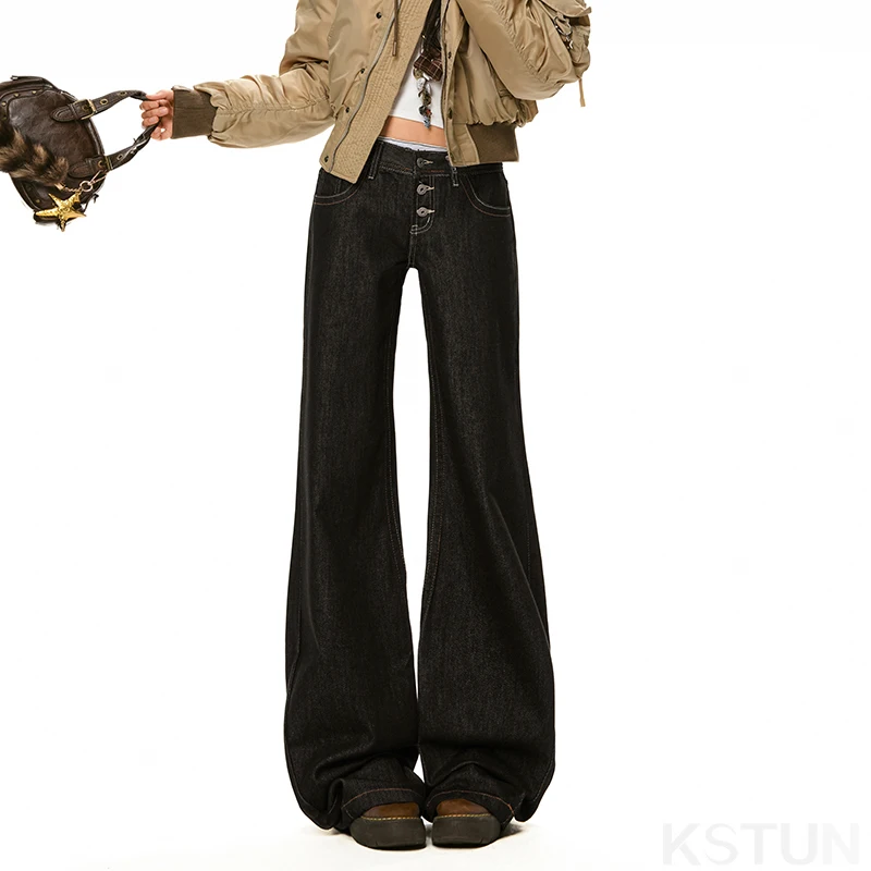 KSTUN Spicy Girl Low-rise Black Jeans Women's Flared Pants Wide Leg Baggy Jeans Vintage Streetwear Button Fly Bell Bottom Pants