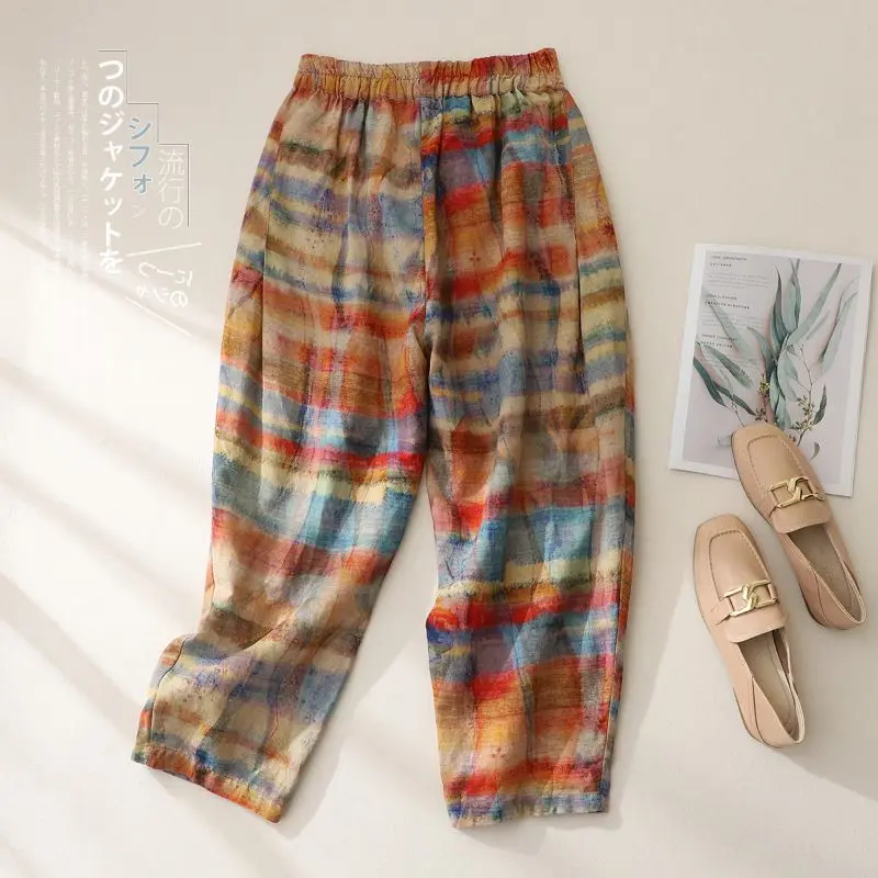 

Retro Printed Linen Casual Pants for Women Loose Large Size Harlan Carrot Pants