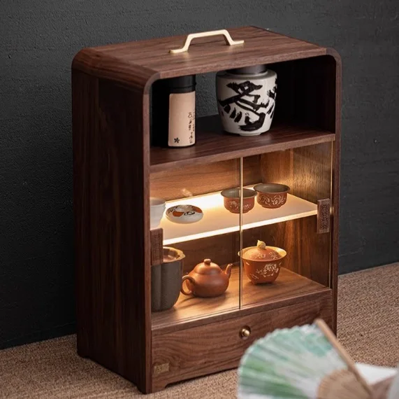 

Walnut Multifunctional Desktop Storage Cabinet Household Dust Locker Tea Room Ornament Tea Set Shelf