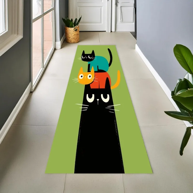 Hello Peeking Cartoon Kitten Long Runner Rug Anti Slip Flannel Hallway Floor Mat Lovely Cat  Print For Bedroom Entryway Decor
