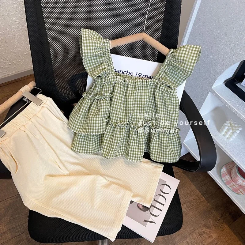 

New Girls Suits Summer Fly Sleeve Plaid Vest Shirt+Leg Pants 2Pcs Sets Children Baby Kids Clothing Sets Girls Outfits Set 2-7Yrs