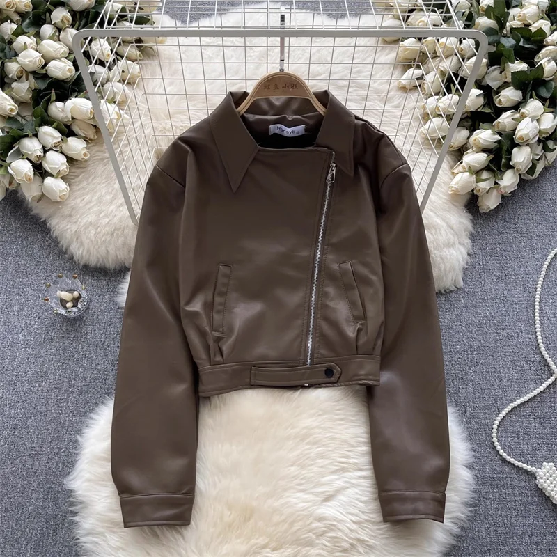 

Streetwear Fashion Women Short Faux PU Leather Jacket Coffee Color Black Spring New Casual Lapel Long Sleeve Female Biker Jacket