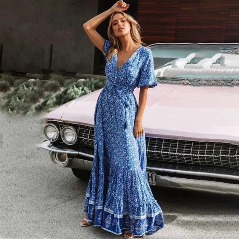 Frauen Sommer Blumen druck Kurzarm Boho Maxi Kleid V-Ausschnitt hohe Taille Kleid Quaste gebunden Retro Cotta gecore Strand lange Kleider