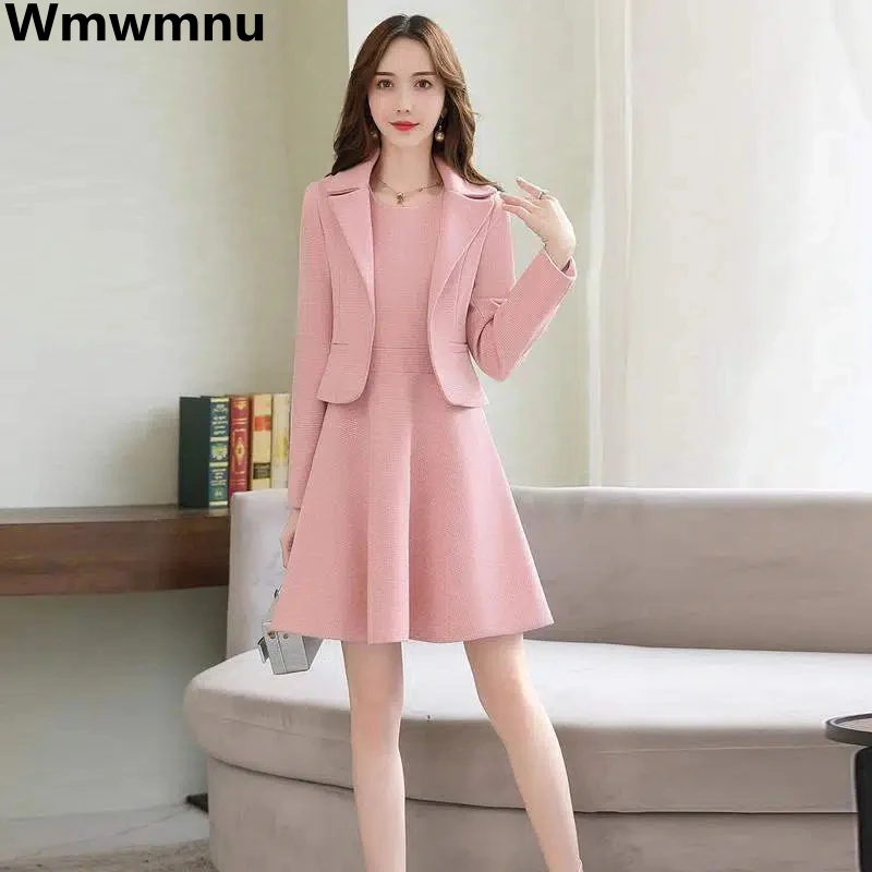 

Women's Elegant Dress 2 Piece Sets Casual Short Blazer Coats + O-neck Tank Mini Dresses Tracksuit Korean Slim Vintage Outfits