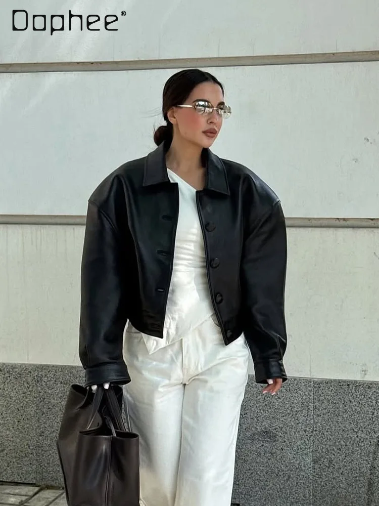 

Vintage Stylish Motorcycle Style Simple Loose Short Jacket Faux Leather Coat High-End Street Style Personality Leather Jackets