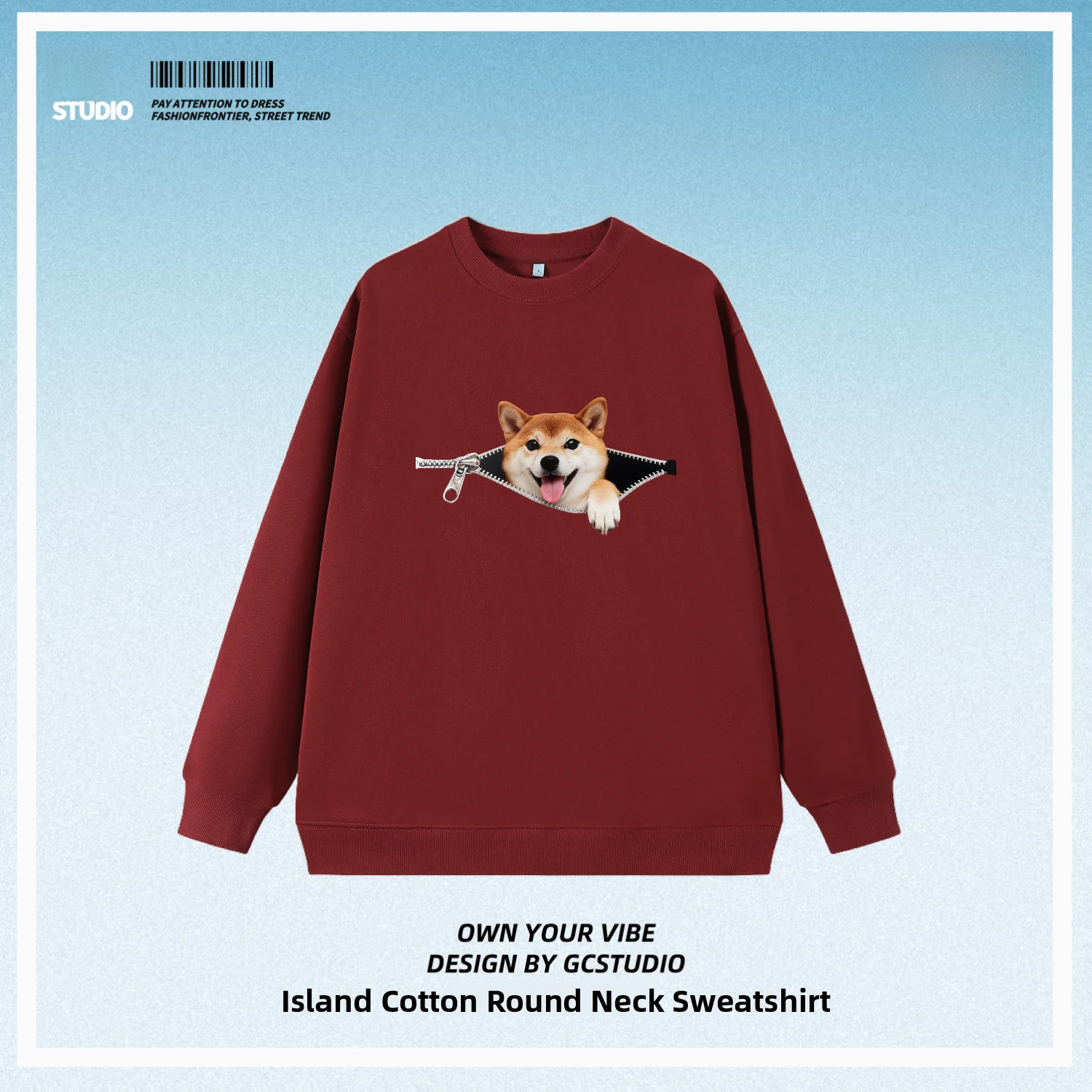 Zipped Zipper Shiba Inu Smile Tongue out Dog Fun round Neck Sweatshirt Unisex Half Sleeve Cotton Island Creative Fun Sweatshirt