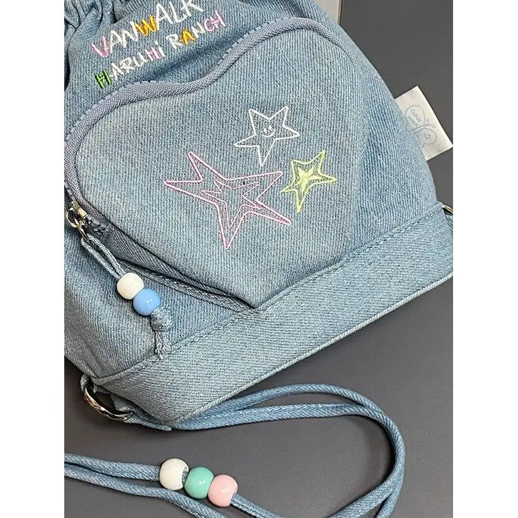 Vintage Women Denim Backpack Cute Bucket Bag Design Blue Plaid Kawaii Handbag Girls Y2k Embroidery Backpacks String Mini Bag New