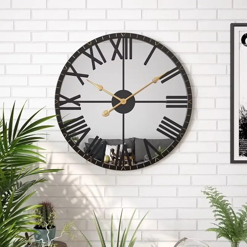 for European Round Wrought Iron Mirror Wall Clock Silent Living Room Home Decor Quartz Watch