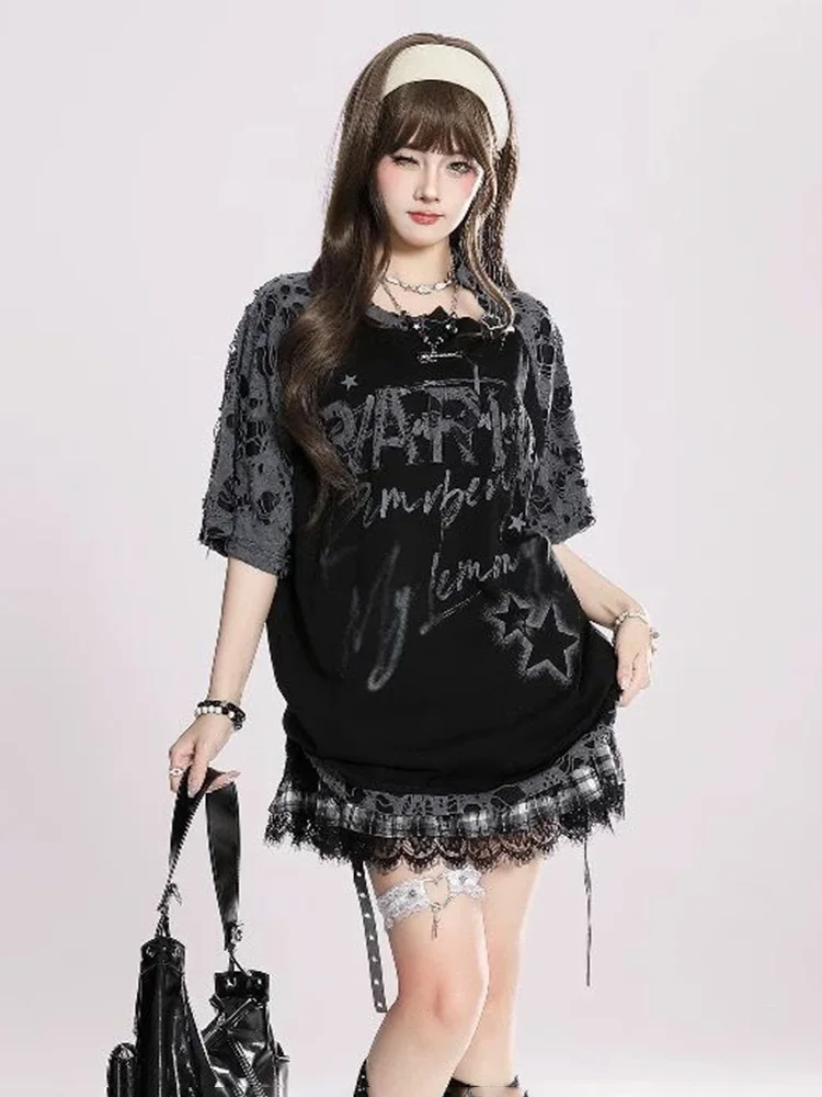 Y2K風ホールピュアコットンTシャツ レディース アメリカンストリートウェア ホットスイート サブカルチャー ティーシャツ パッチワーク ルーズ レター Oネック カットアウト トップス 新作