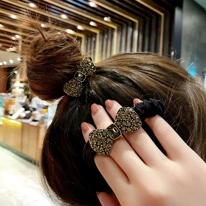 New Fashion Autumn Winte Bow All-match Rhinestone Hair Ring Elastic Hair Bands for Women Girl Hair Accessorie Headwear