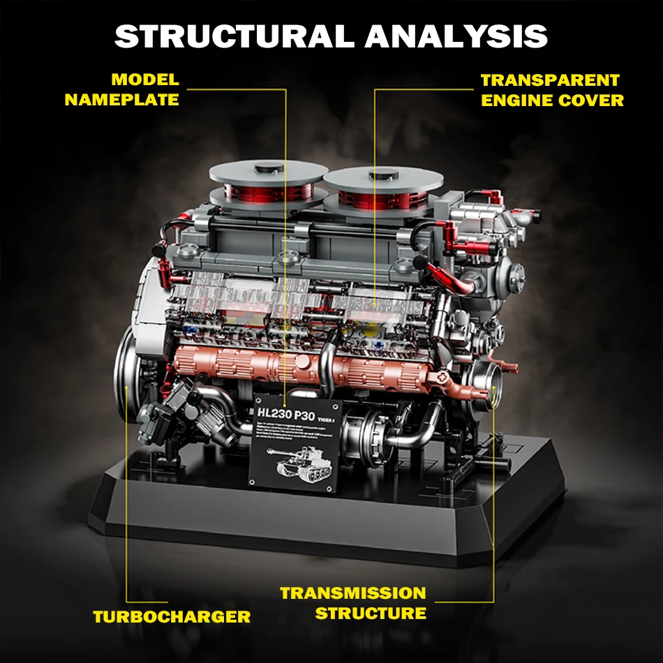 WW2 الألمانية النمر دبابة HL230 P30 V12 محرك بمحرك نموذج اللبنات الحرب العالمية 2 النمر خزان محرك الطوب لعب الاطفال هدية #3
