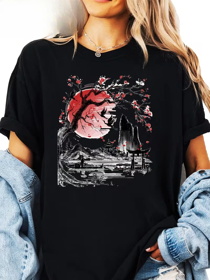 

Женская футболка с пейзажем Red Moon & Crane Ink в японском стиле, художественный дизайн вишни, повседневная одежда, топ в японском стиле
