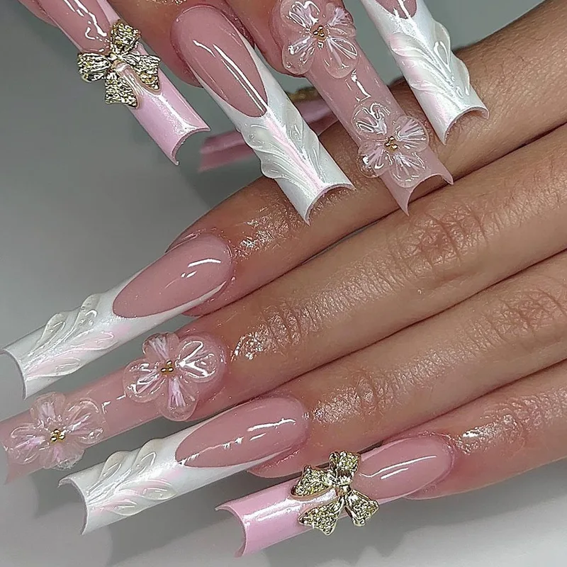 

24Pcs Long Square White Pink French Press on Nails 3D Bow Flower Design False Nails Reusable Finished Full Cover Fake Nails Tips