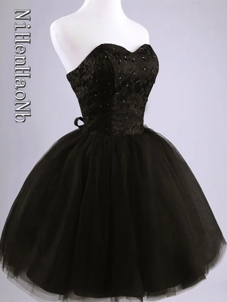 Neuankömmling elegante Frauen kurzes Ballkleid schwarz schnüren Prinzessin Schatz Mode Frauen schwarz