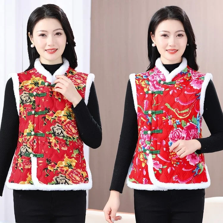 

Утепленный женский жилет Thiened Fce с крупным цветочным узором в стиле Северо-Востока, теплый, новогодний, этнический, на пуговицах по бокам, зимний жилет