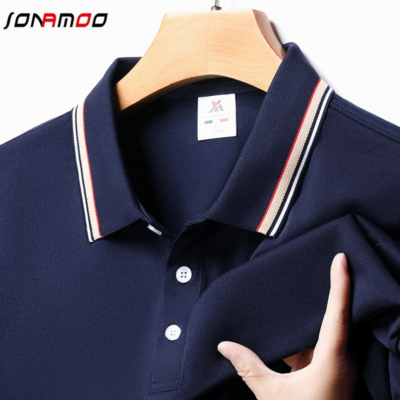 Men\'s Fashion Solid Short Sleeved Striped Lapel Polo Shirt Summer Breathable Comfortable Top