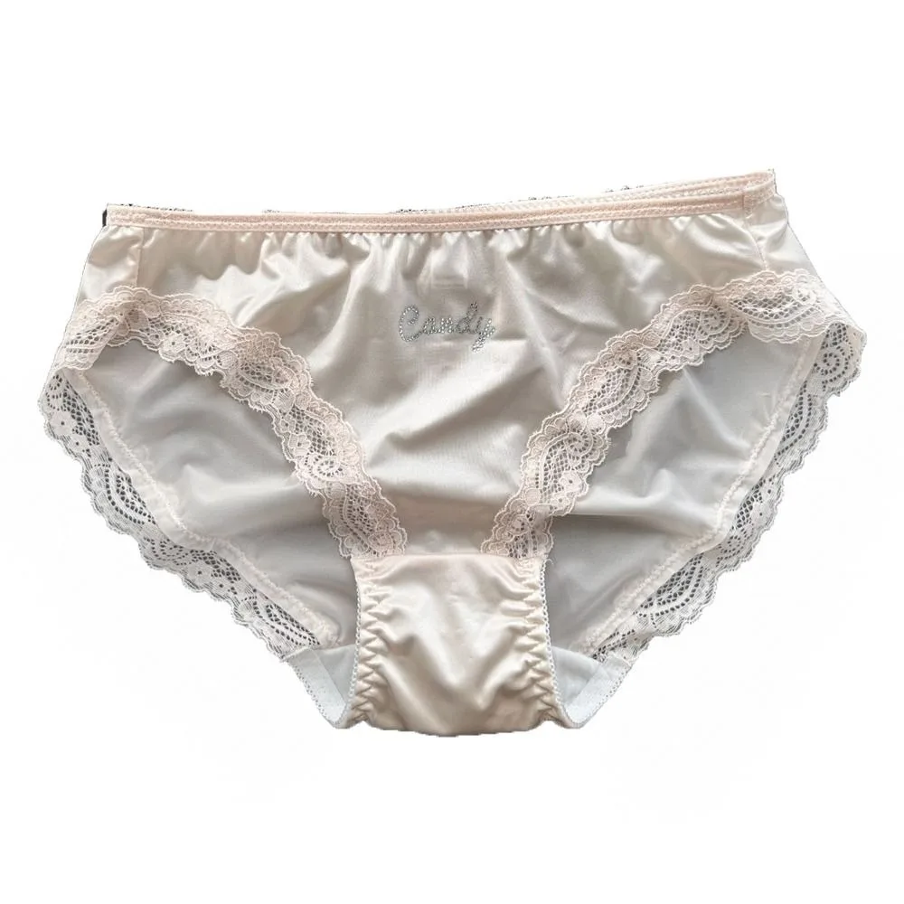 

Sweet Crystal Letter Satin Silk Panties Thin Mid Waist Rhinestone Lace Briefs Solid Color French Style Underpants for Women Girl
