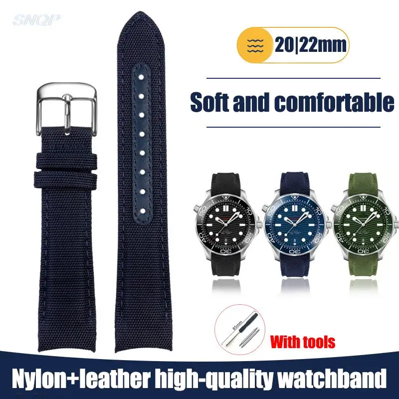 20mm 22mm Strap for Omega Seamaster 300 Genuine Leather Nylon Canvas Wrist Bracelet for Rolex Water Ghost Curved End Watch Band