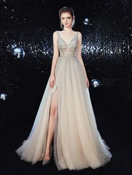 2024 Sexy V-neck Long Women's Graduation Prom Dress for Women Formal Occasion Dresses for Party Evening Gown Robe Elegant Gowns