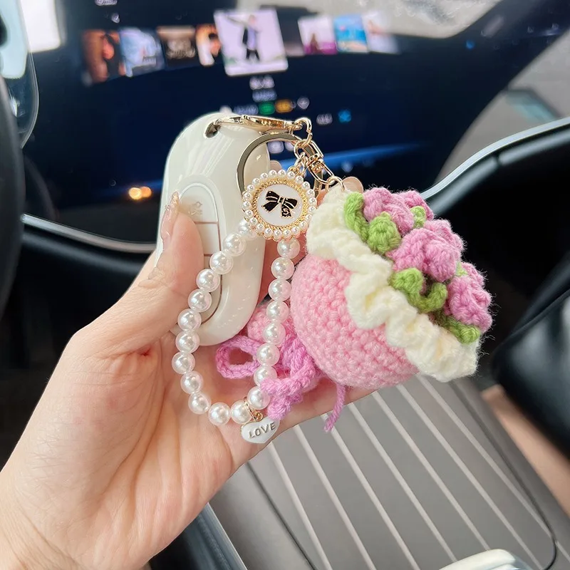 

Mini Hand-knitted Flower Keychain Woven Woolen Rose Bouquet Key Ring Car Bag Hanging Pendant Ornament Lover Valentine's Day Gift