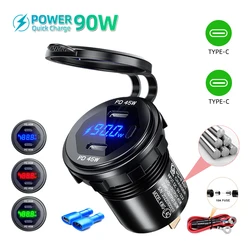 90W Super Fast Car Charge Cigarette Lighter Adapter QC3.0+PD Port Fast Charging LED Display Power 12V 24V for Boat RV Waterproof