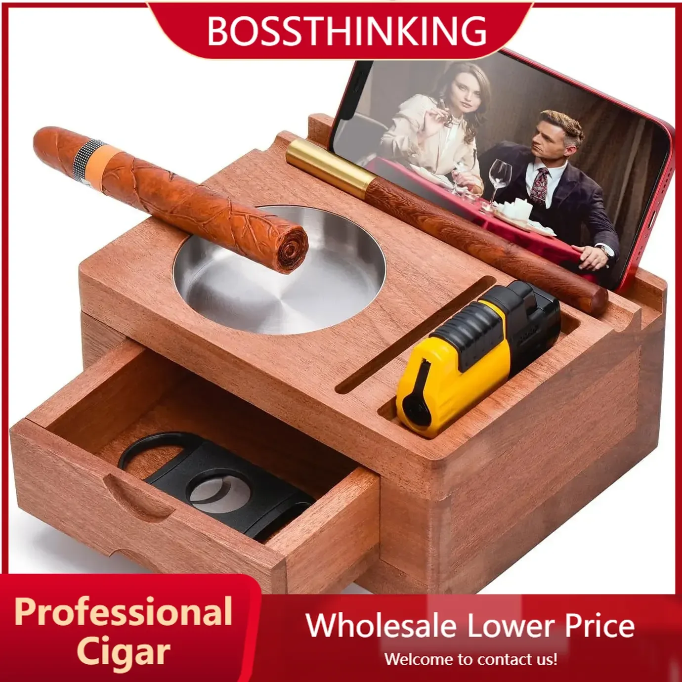 Wooden Luxury Cigar Ashtray  with Cigar Cutter Phone Tablet Holder Square Cigar Holder Accessories Drawer Lighter Slot