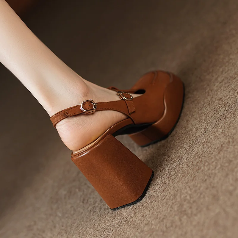 TOTOMELA New Back Strap Sheepskin Sandals Woman Buckle Thick High Heels Platform Sandals Retro Slingbacks Summer Shoes