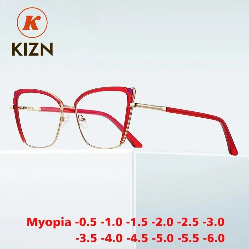 

KIZN Myopia Optics Glasses Butterfly Big Frame Metal Women Anti-blue Light Fashion Custom Prescription Eyewear -0.50 TO -10