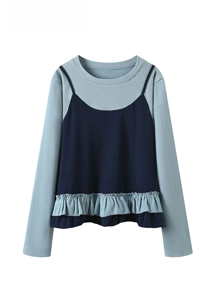 

Модная женская футболка больших размеров с длинным рукавом, новинка ранней весны, топ с лоскутным узором и бретелями, стильный повседневный дышащий топ из полиэстера.