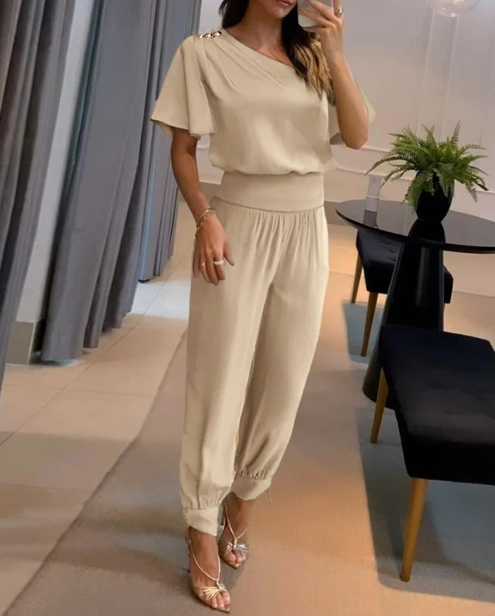 

Pants Sets for Women Bell Sleeve Ruched Solid Commuting Casual Top and Loose High Waist Wide Leg Temperament Cuffed Pants Set