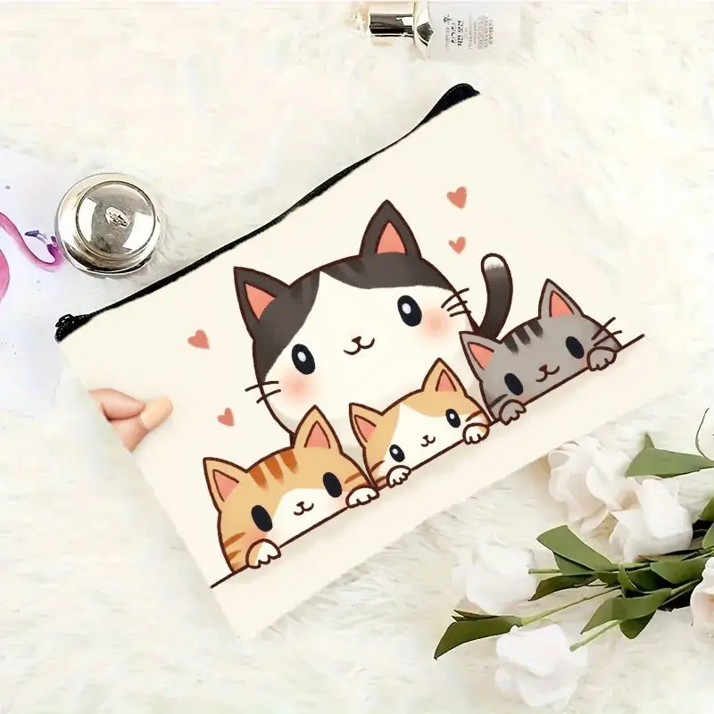 Lightweight and portable makeup bag，Features an adorable cartoon cat family design，Equipped with a smooth zipper，This soft-touch