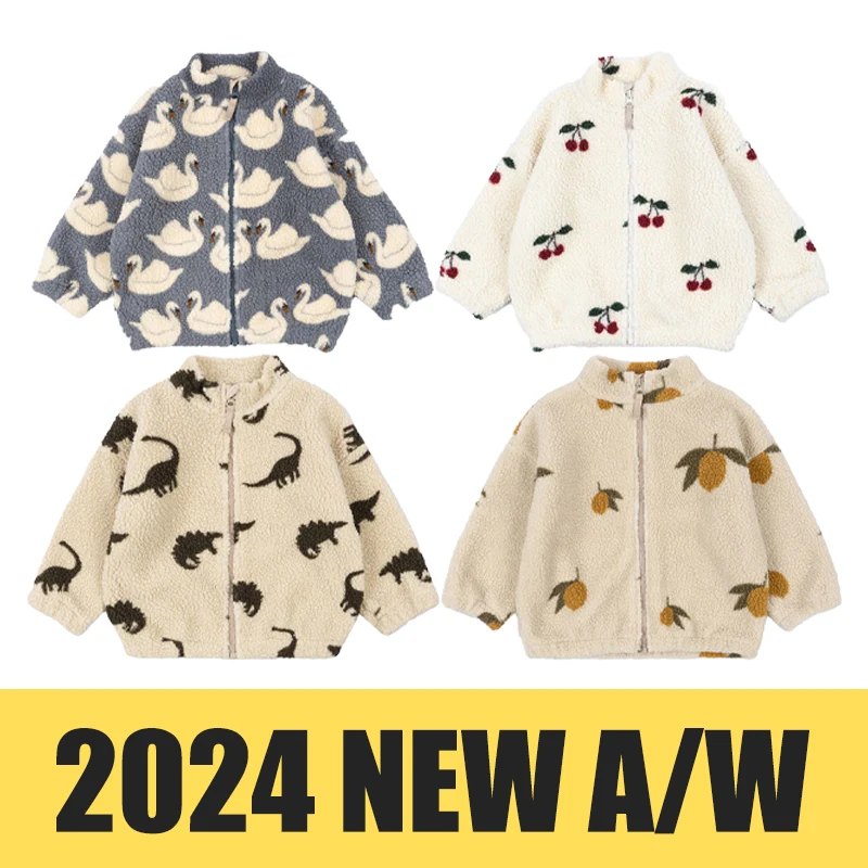 

2024 New Autumn Winter Warm Jacket Girls Lamb Wool Hooded Jacket Boys Swan Printed Cotton Jacket Baby Winter Clothes