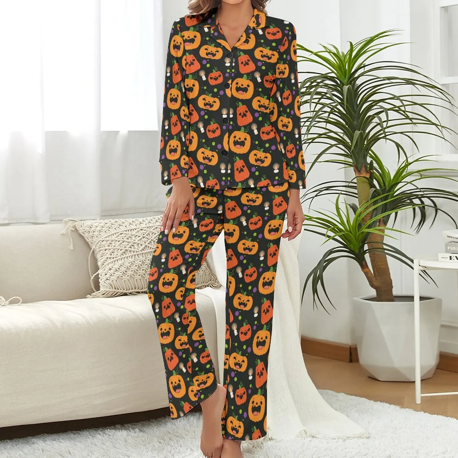 Cute Pumpkin Pajamas Long-Sleeve Spooky Halloween 2 Pieces Casual Pajamas Set Daily Woman V Neck Retro Sleepwear