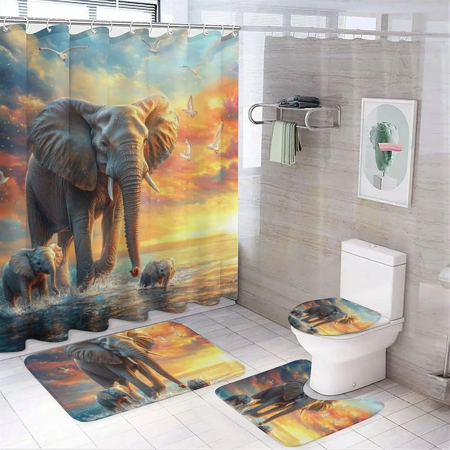 

Watercolor Cute Elephant Shower Curtains with Rugs Toilet Lid Cover and Bath Mat for Bathroom,Home Tub Curtains Sets with Rugs S