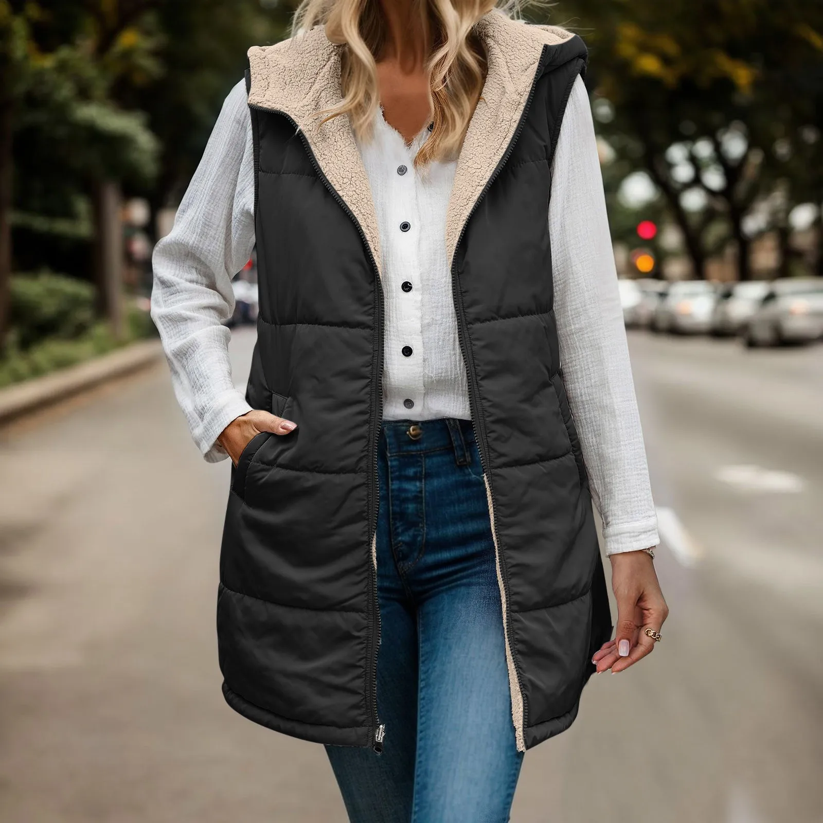 Herfst Winter Dames Fleece Vest Katoenen Jas Met Capuchon Effen Kleur Mouwloze Rits Streetwear Omkeerbare Mid-Length Jassen Tops