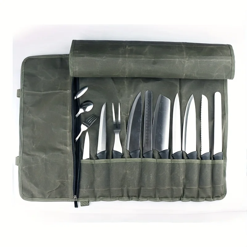 

16-Slot PU Canvas Chef Knife Roll - Durable, Portable Storage Bag for Kitchen Tools & Cooking Accessories