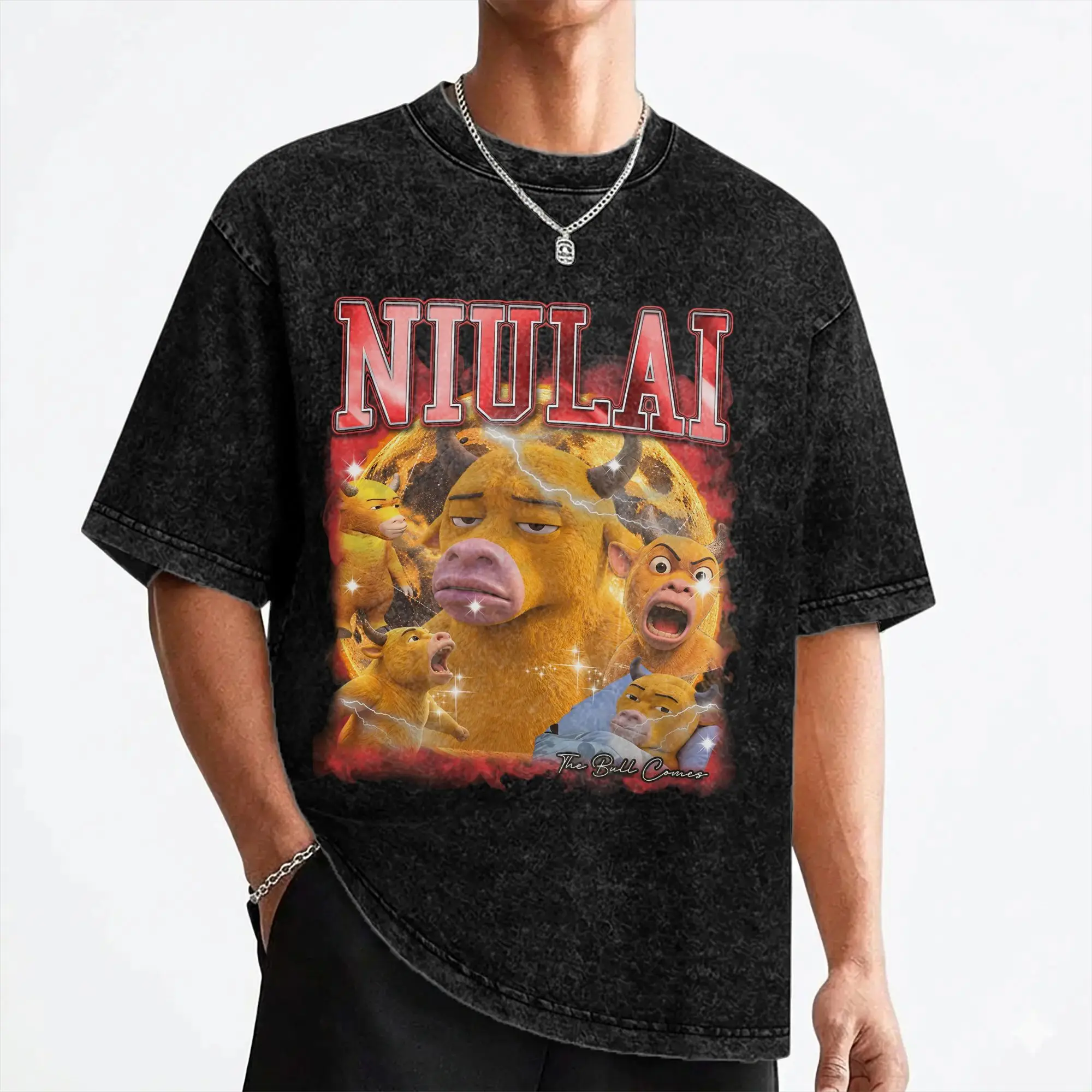 Niu Lai Funny Bull Meme T Shirt Washed 100% Cotton Street T-Shirts  Vintage for Men Women Streetwear Summer Tops Tees