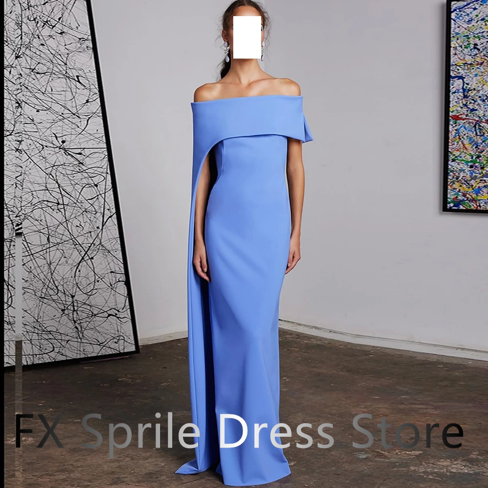 Simple Blue Zipper Back Evening Dress Classic Pleat Straight Floor Length Boat Neck Off the Shoulder Jersey Sleeveless Back Slit