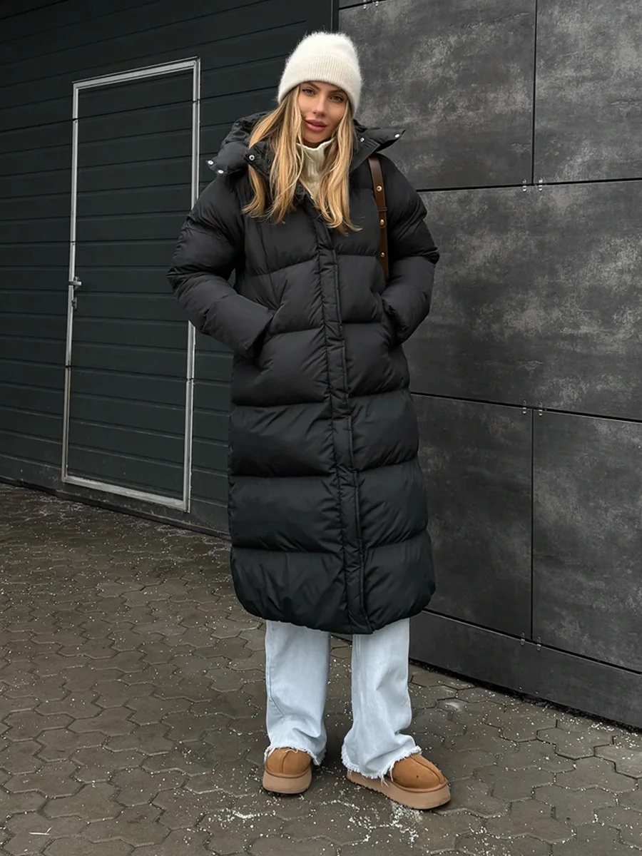 

Winter Long Hooded Thick Down Jacket Female Zipper Warm Parker Outwear Women White Duck Down Warm Knee Length Cotton Down Jacket