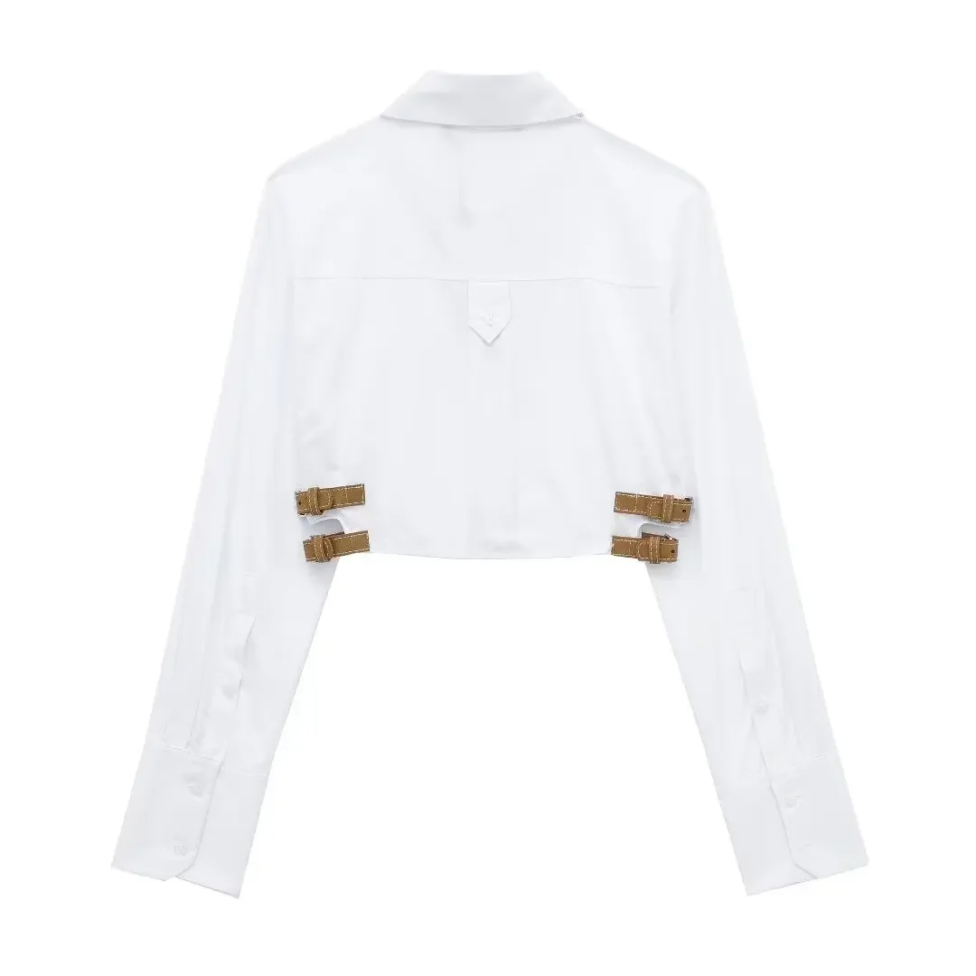 

White Cropped Shirts for Women Belt Button up Shirt Woman Long Sleeve Shirts and Blouses Women Streetwear Collar Top Female