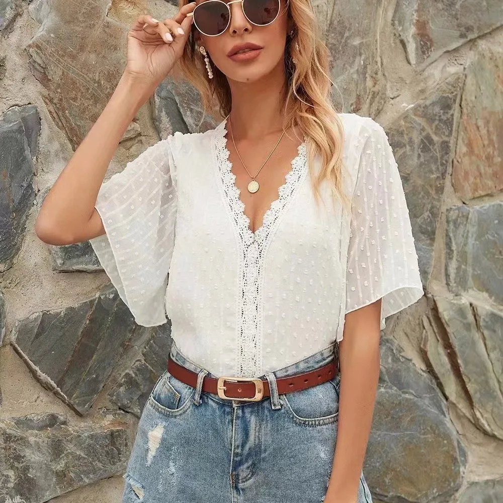 WOMEN'S Casual Tops Formal Casual Floral Lace Chiffon T-shirt Cute Sexy Short Sleeve See-through T-shirt