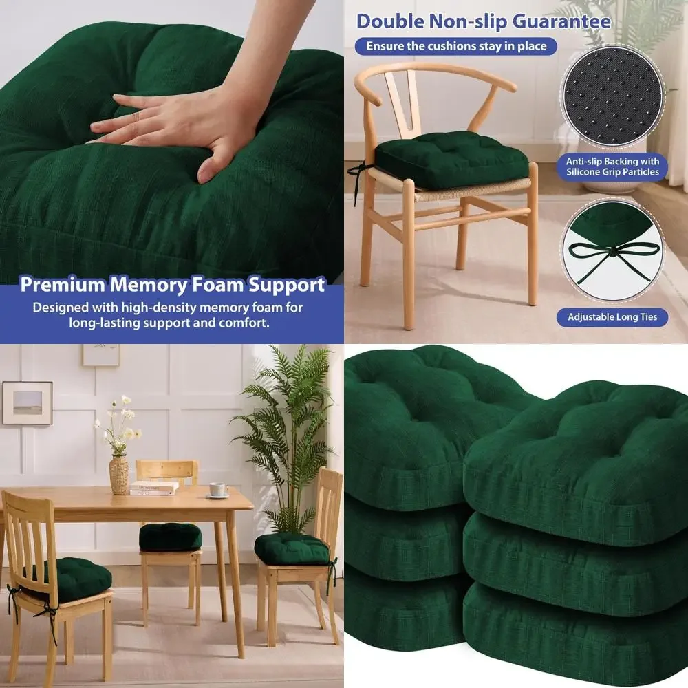 

Зеленые подушки для сидений обеденных стульев, 16,5 x 16,5 x 3,5 дюйма, набор из 6 штук, с завязками и нескользящей основой.