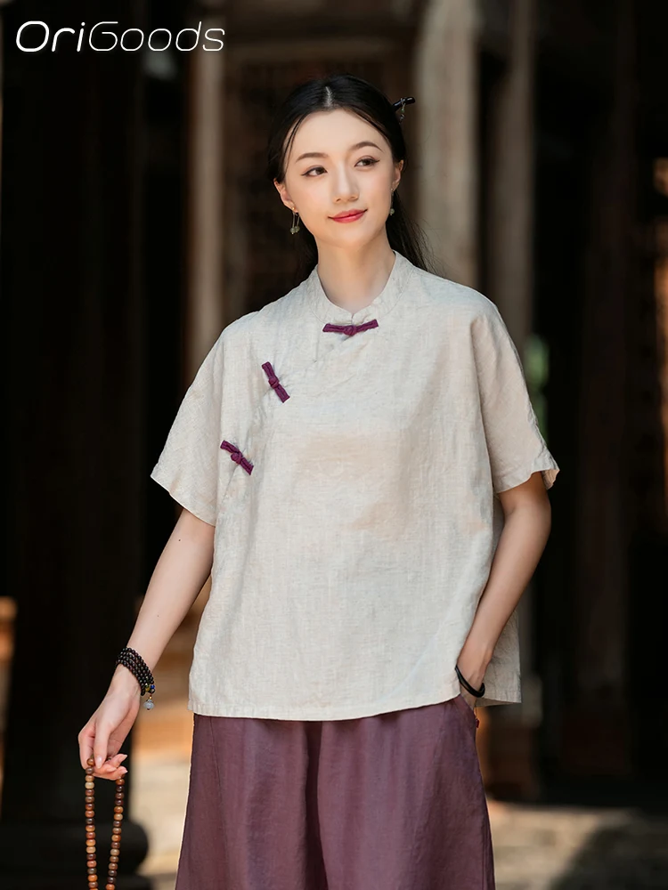 

OriGoods Lyocell Linen Shirt Women Chinese Style Thin Smooth Summer Blouse 2025 New Loose Vintage Linen Shirt Zen Tops C136