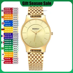 BERNY Quartz Men Watch Gold Fashion Wristwatch Waterproof Stainless Steel Ultra Thin Top Brand Luxury Watch for Men Golden