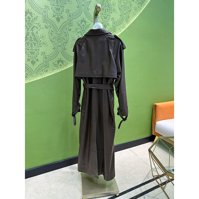 Damen-Jacke aus echtem Leder, Herbst-Winter, importiertes Lammfell, breiter Schultergürtel, schmal, Burgunderrot, langer Leder-Trenchcoat, weich