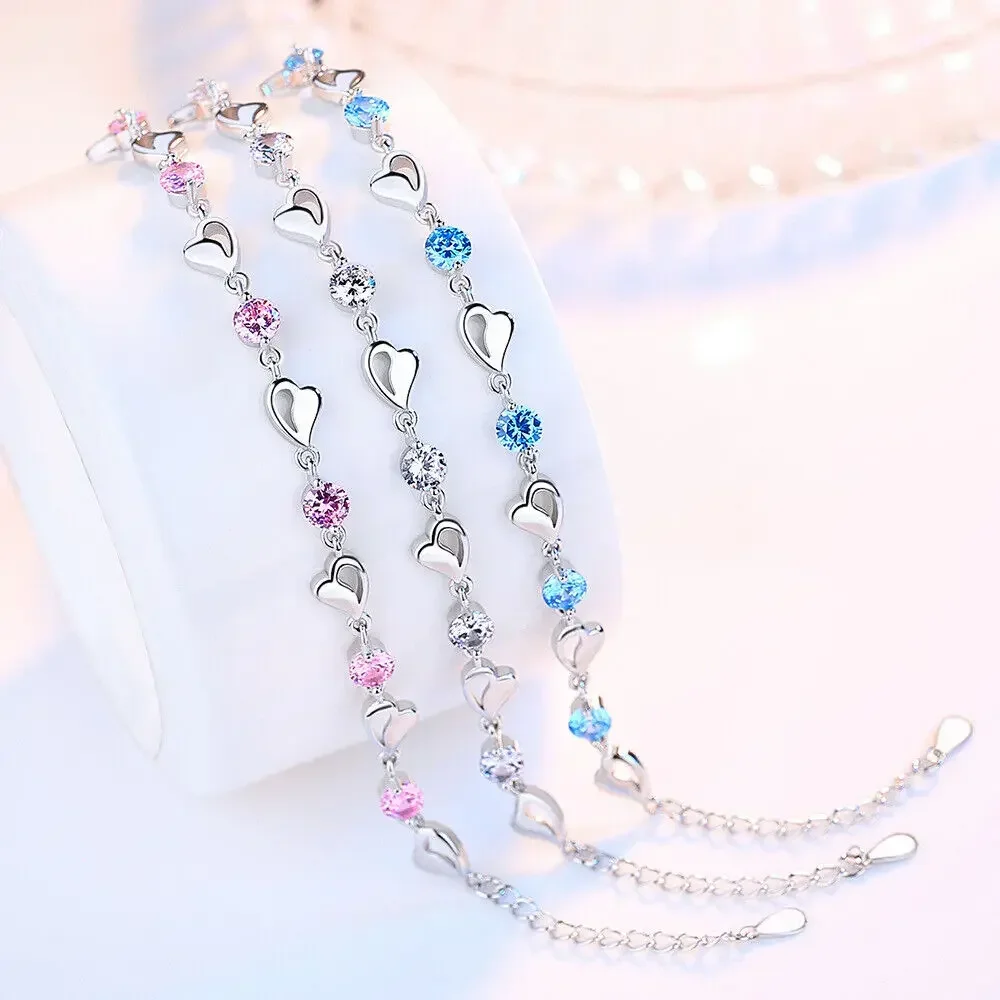 

Chuangcheng 925 Sterling Silver Indian Fashion Jewelry Silver Women Crystal Heart shaped Bracelets Chain