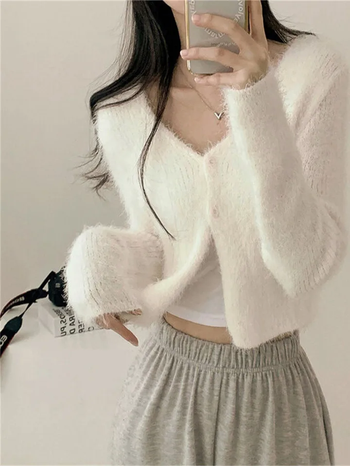 

Korean Sle ort V-Ne Knitted Sweater Coat Women's Autumn New Soft Faux Mink Outerwear Single Button Soft Cozy Top